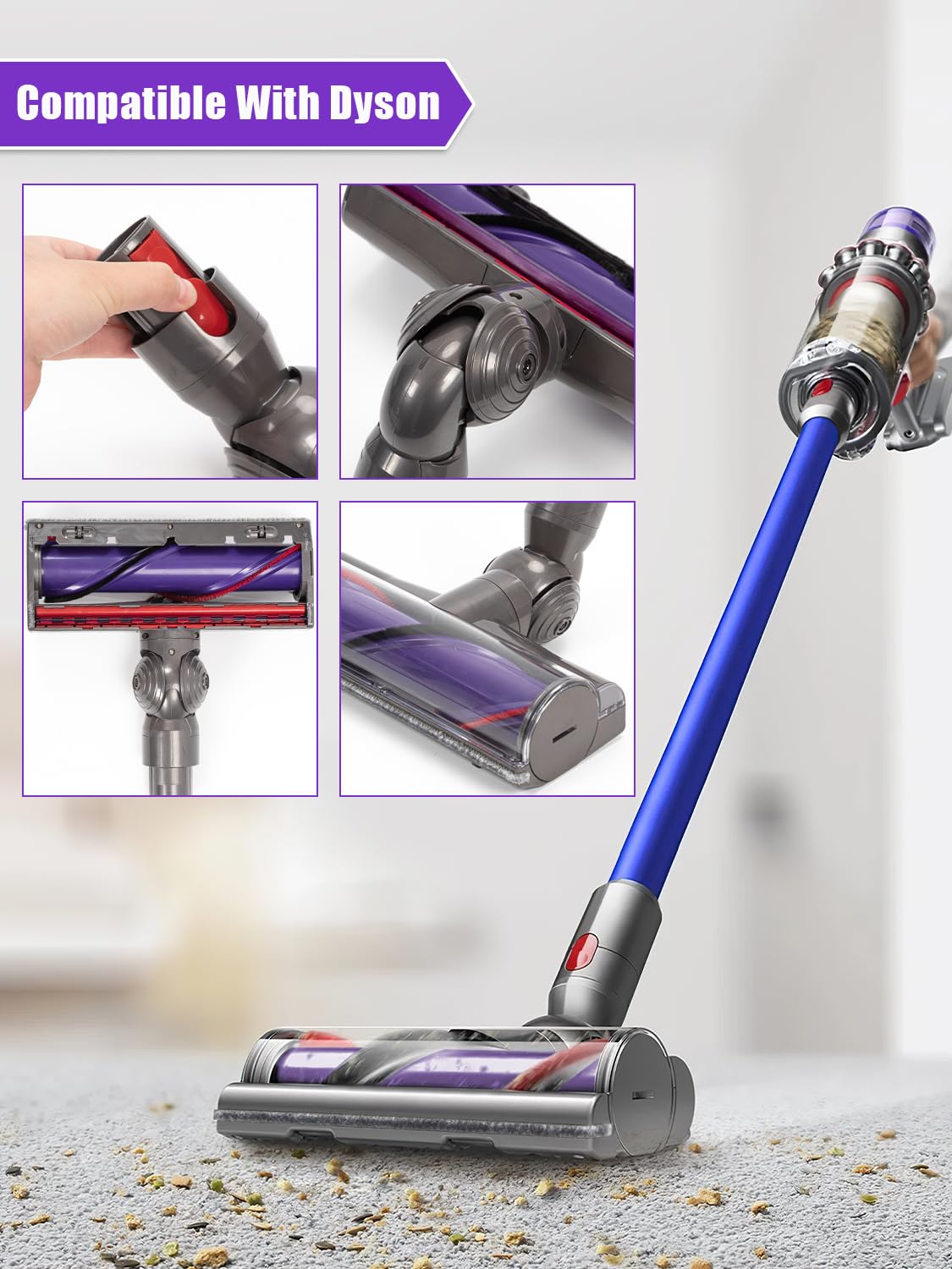 Cepillo Eléctrico Compatible con Dyson V7 V8 V10 V11 V15 Aspiradoras, Repuestos Dyson Accesorios, Cabezal de Recambio Cepillo para Suelos para Alfombras y Suelos Duros