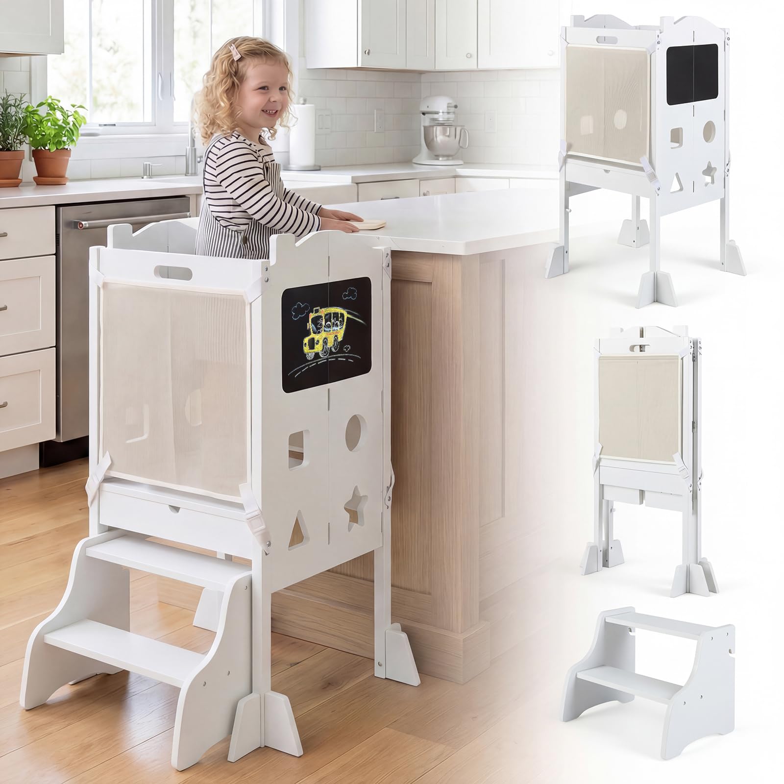 Costzon Folding 4-in-1 Toddler Step Stool with Chalkboards (White)