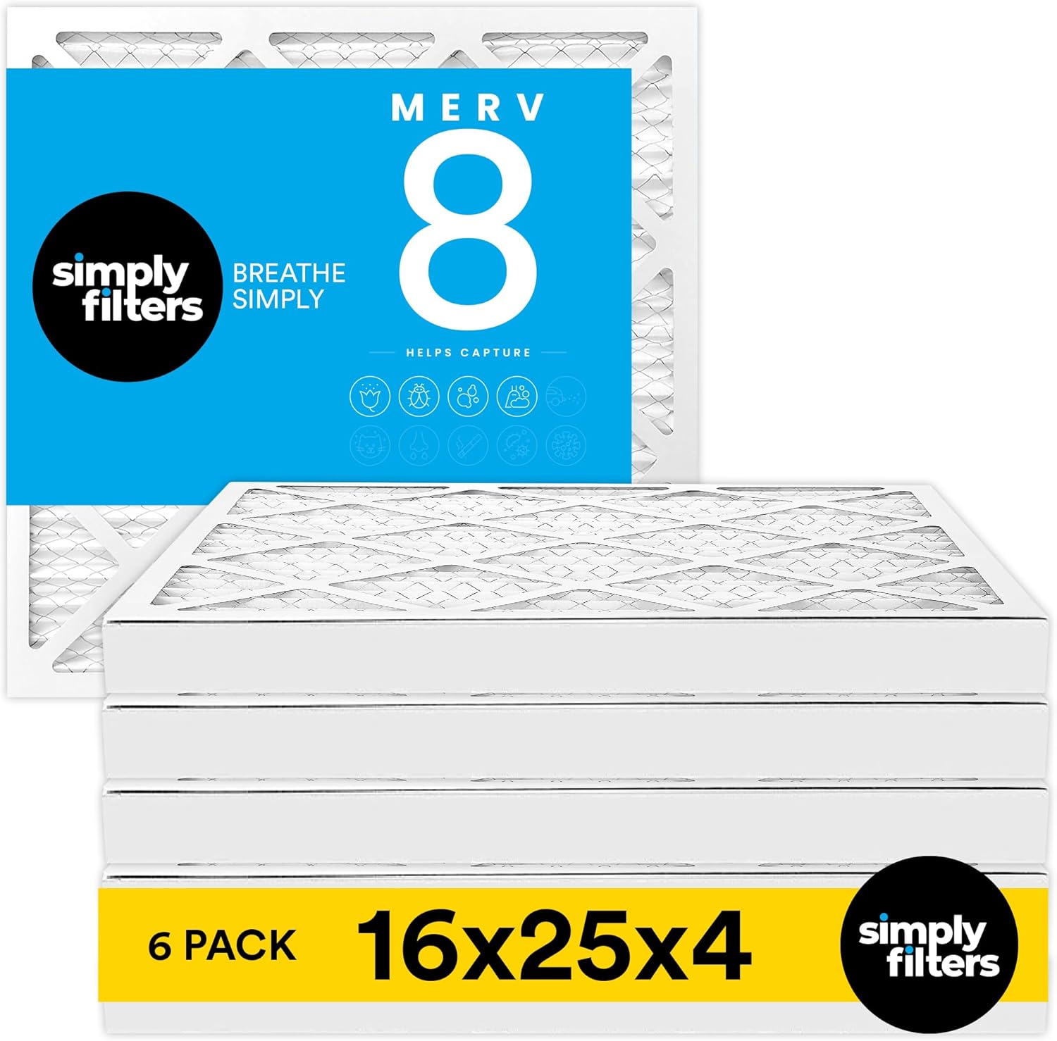 Simply 16x25x4 Air Filter MERV 8, 6 Pack, For Home AC Furnace & HVAC (Actual Size: 15.5"x24.5"x3.63") DUST Pet & Allergy Control,