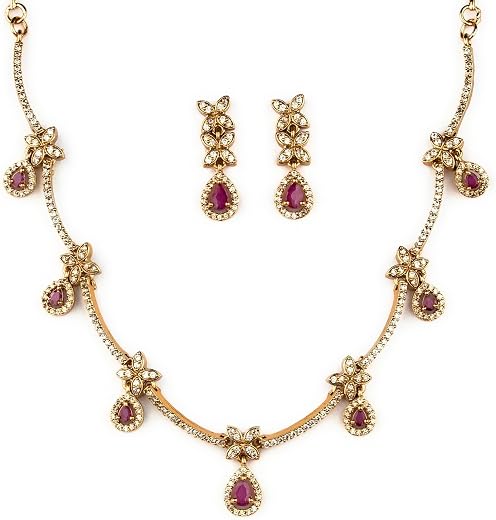 Sasitrends Matte Gold Plated Floral Teardrop Structure American Diamond Stone Studded Necklace Jewellery Set