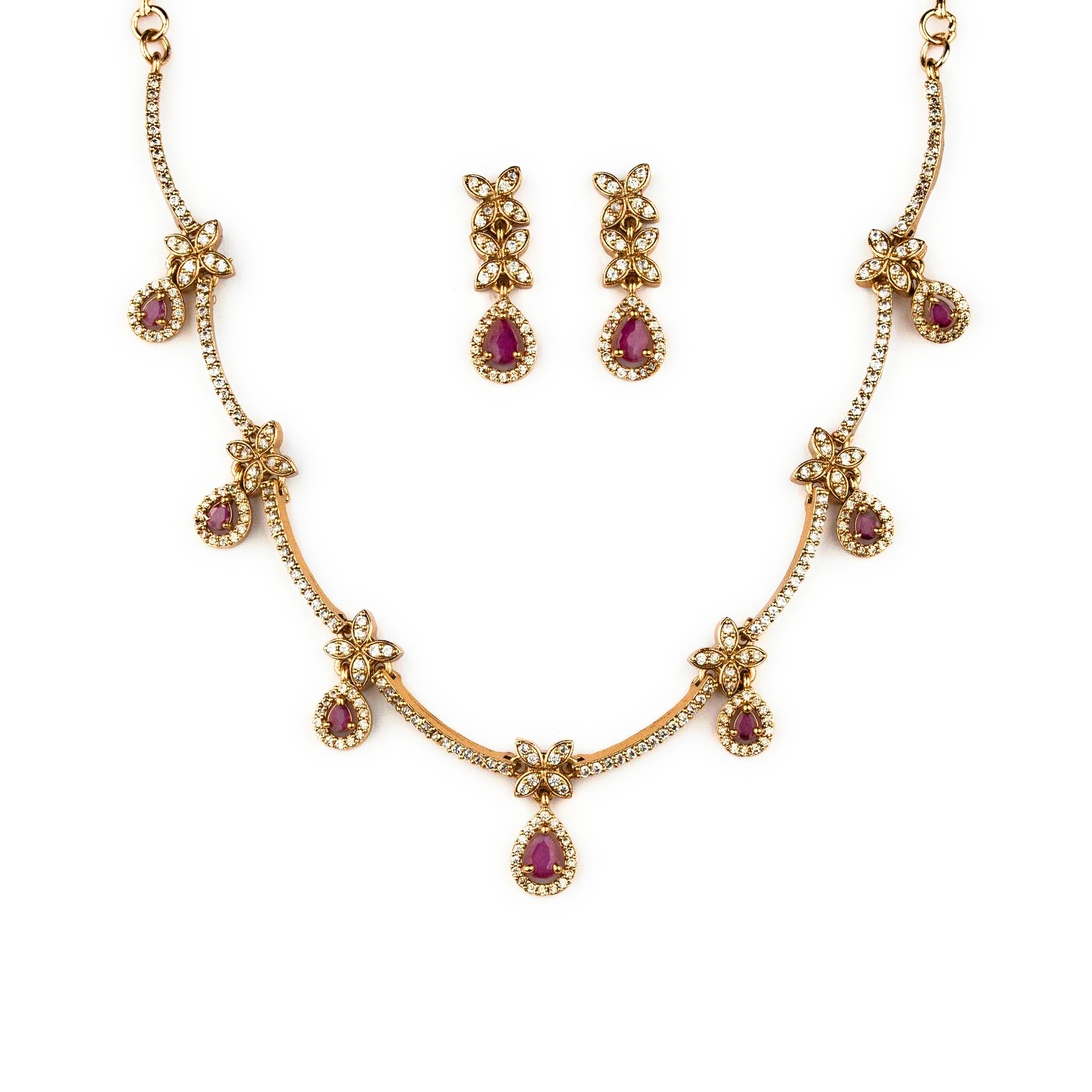 Matte Gold Plated Floral Teardrop Structure American Diamond Stone Studded Necklace Jewellery Set-image-11
