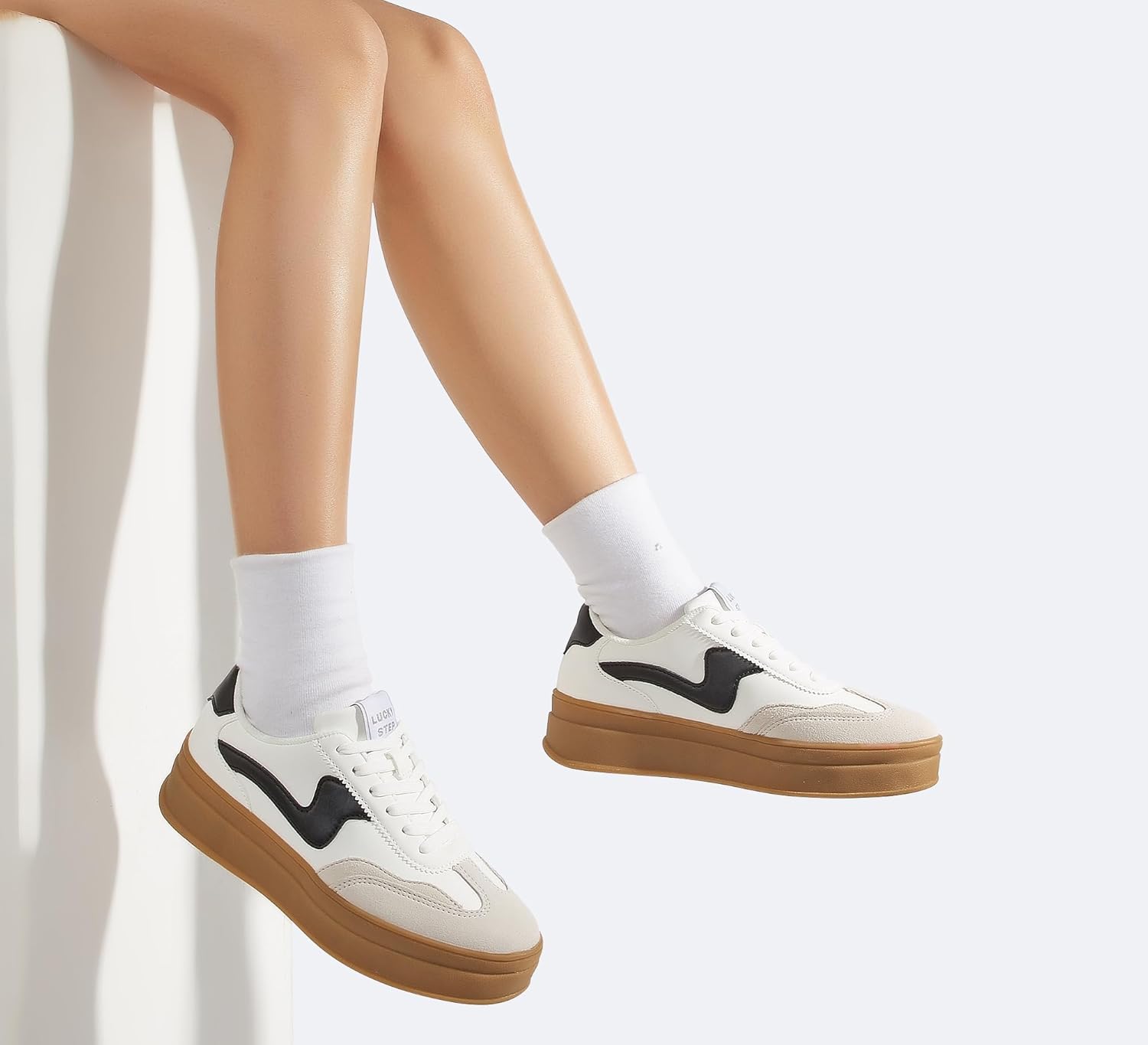 LUCKY STEP Women's Platform Fashion Sneakers Thick Sole Suede Faux Leather Classic Rubber Gum Sole Low Top Casual Walking Shoes - Image 7