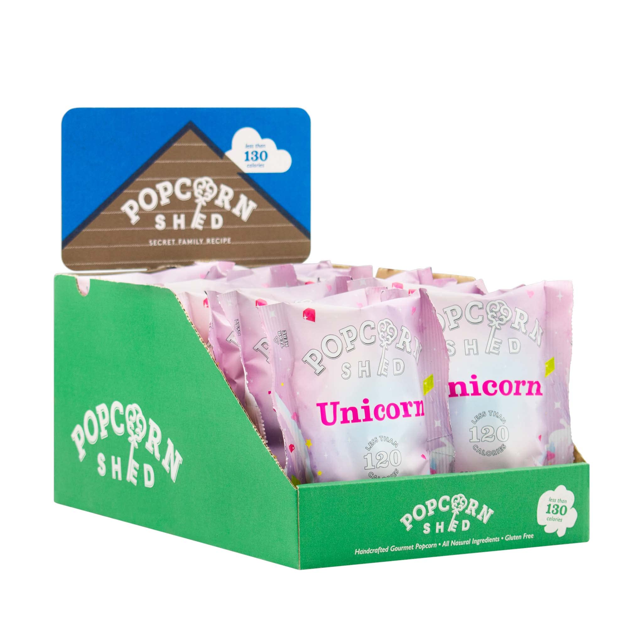 Popcorn ShedUnicorn Popcorn Snack Pack, 24g, Pack of 16, Multicoloured Candy Floss Caramel Popcorn, Gluten Free & Natural Lunch Box & Movie Night Snacks