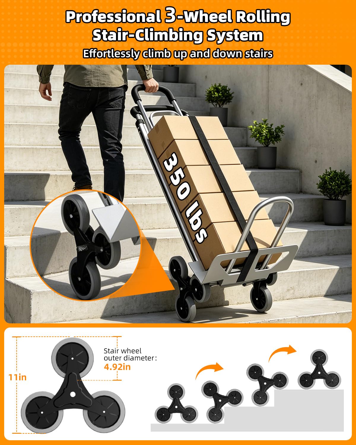 Aluminum Hand Truck Dolly - 600lb Capacity, Stair Climbing -3