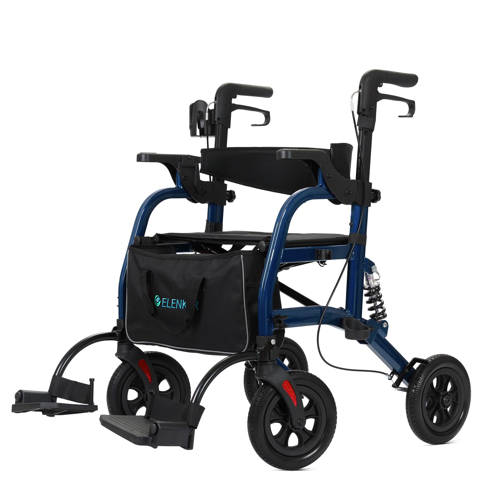 Photo 1 of ELENKER All-Terrain 2 in 1 Rollator Walker & Transport Chair for with 10” Non-Pneumatic Wheels Seniors, Folding Rolling Walker Wheelchair Combo with Wide Seat and Shock Absorber, Blue