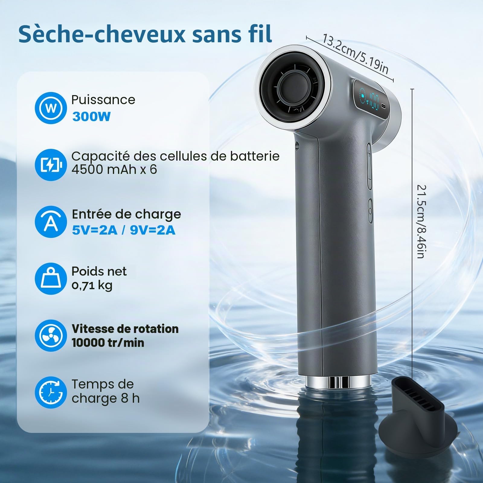 Sèche-cheveux sans fil 27000mAh, 100 vitesses, Moteur 100 000 tr/min, Autonomie géante, Charge rapide USB-C 18W, Voyage Camping Maison