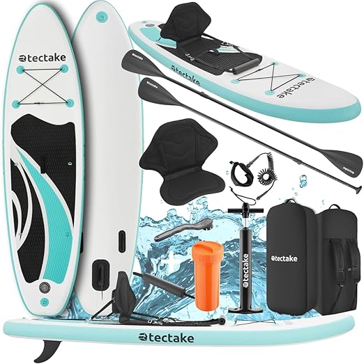 tectake® Inflatable Stand-up Paddle Board Adult 1 Seater Kayak with Air Pump, 2 in 1 Paddle Paddle Double Kayak Paddle for Water Sports, Padded Paddle Seat, Backpack Included