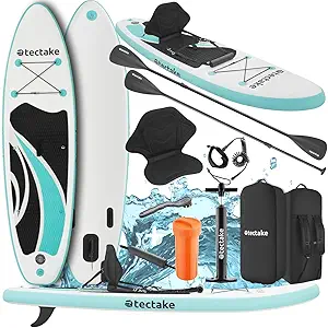 tectake® Inflatable Stand-up Paddle Board Adult 1 Seater Kayak with Air Pump, 2 in 1 Paddle Paddle Double Kayak Paddle for Water Sports, Padded Paddle Seat, Backpack Included
