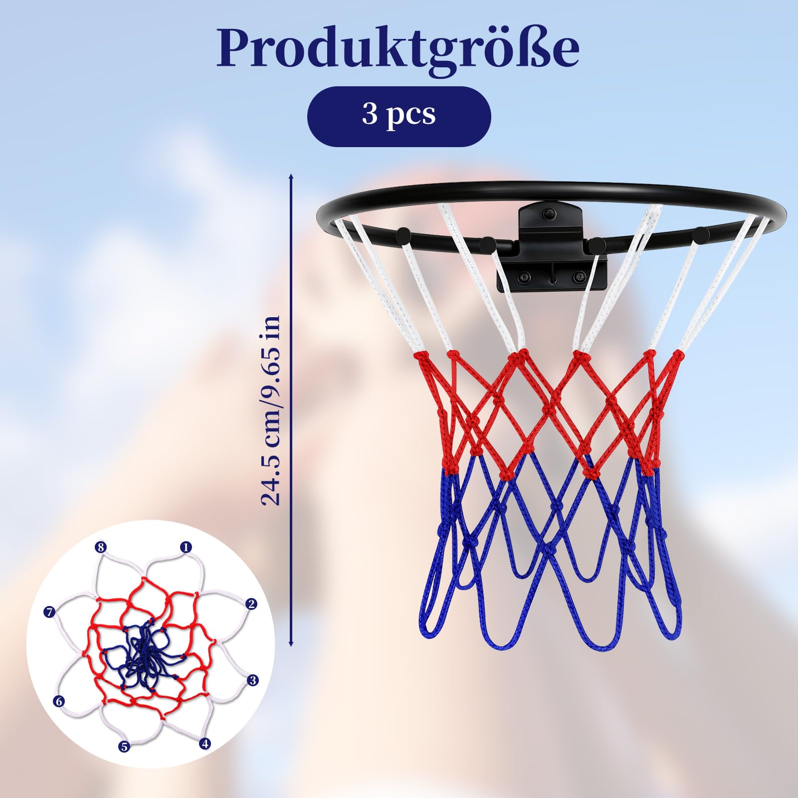 Red de repuesto para baloncesto de tamaño pequeño, 3 unidades, para cestas de 20 a 26 cm, 8 trabillas, para intercambiar redes interiores y exteriores