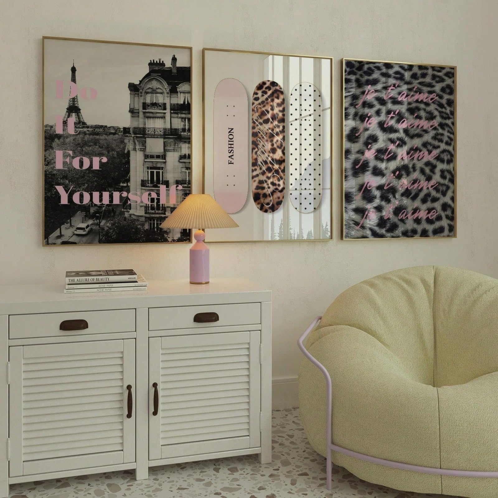 Set of 3 Pink Coquette Wall Art Prints, Paris Eiffel Tower Skateboard Leopard Print & Motivational Quote Posters, Trendy Feminine Decor for Teen Girl Bedroom Dorm, Unframed (30x40cm)