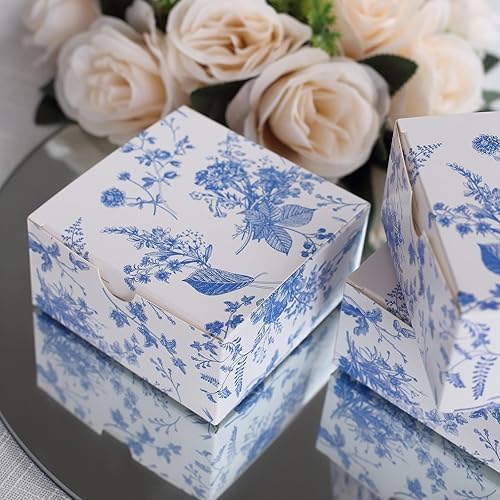 Miniatura 4 de Efavormart - Paquete de 25 cajas de regalo de papel con estampado floral chinoiserie, color blanco y azul, cajas de regalo de cartulina para