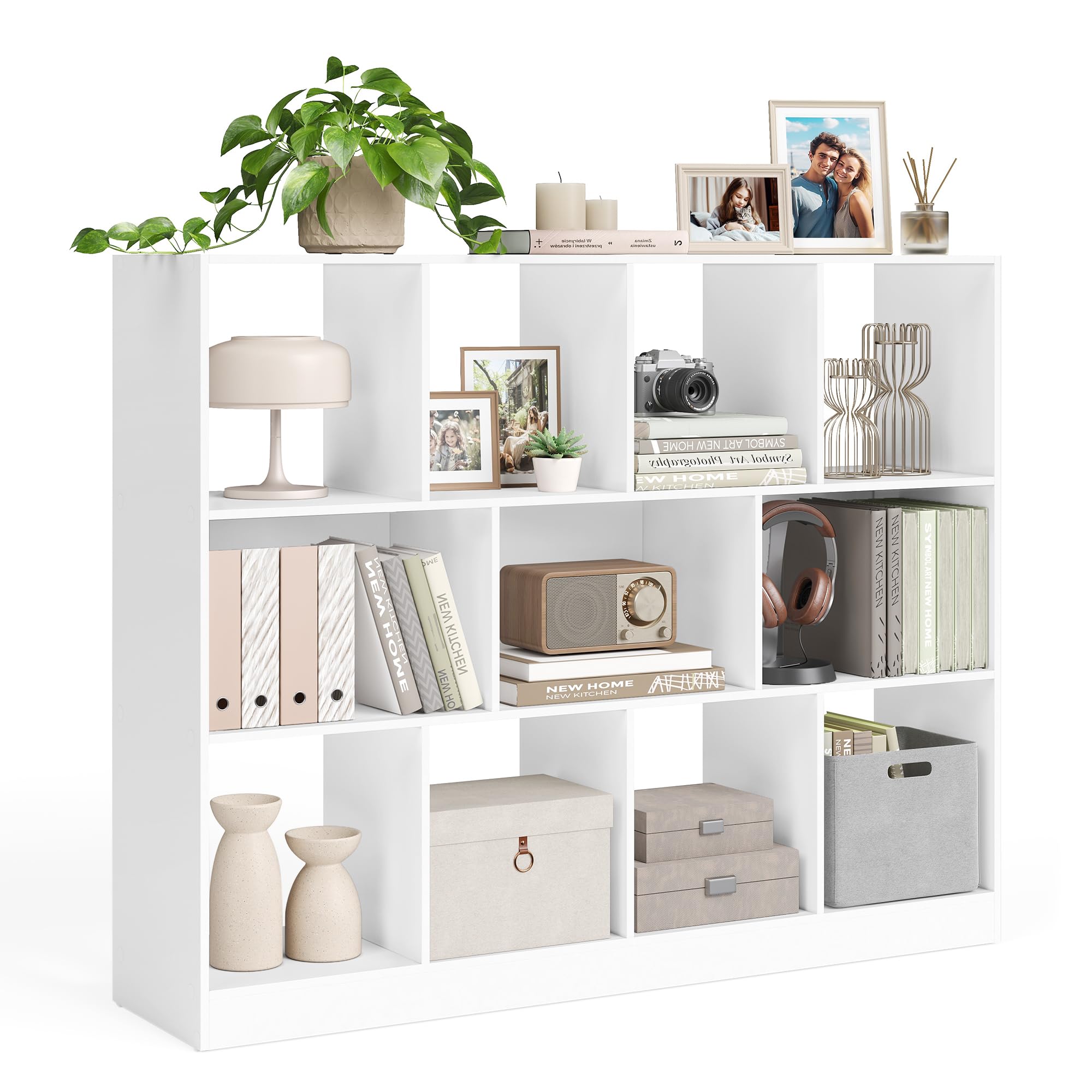 VASAGLE Bookcase, Bookshelf, 11 Open Compartments, Used Horizontally, Vertically, Upside Down, 30 x 126 x 100 cm, for Living Room, Study, Office, White CUSTOS Collection LBC054T14V1