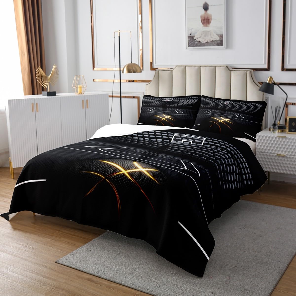 Black Golden Line Basketball Bedspread King Size,3D Basketball Court Bedding Set for Kids Boys Teens Men Room Decor,Sports Games Theme Comforter Set Fashion Cool Quilt Coverlet,2 Pillowcases