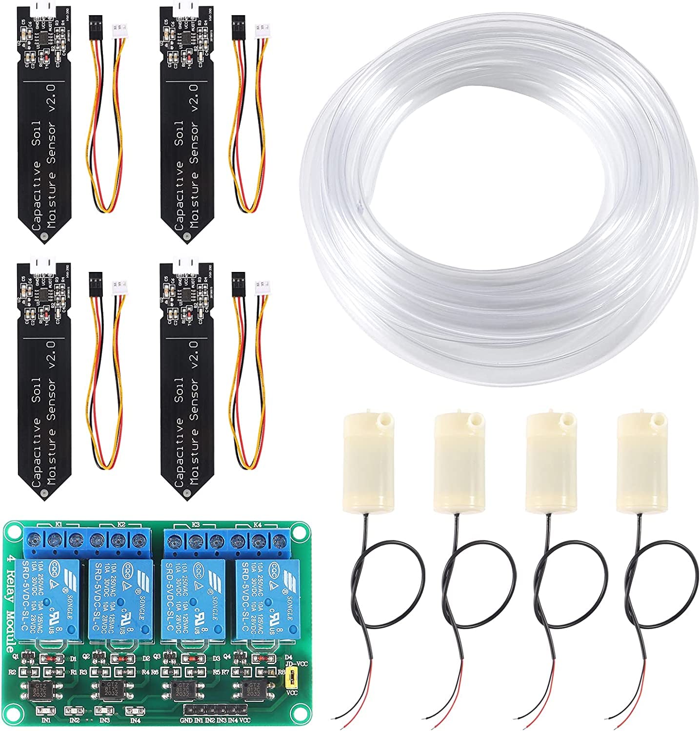 Super Debug 4pcs Capacitive Soil Moisture Sensor 4Channel 5V Relay Module and 4pcs Water Pump + 4M Vinyl Tubing for Arduino Moisture Detection Garden Watering DIY (B0BJ9LQPPK) Amazon Price History, Amazon Price Tracker
