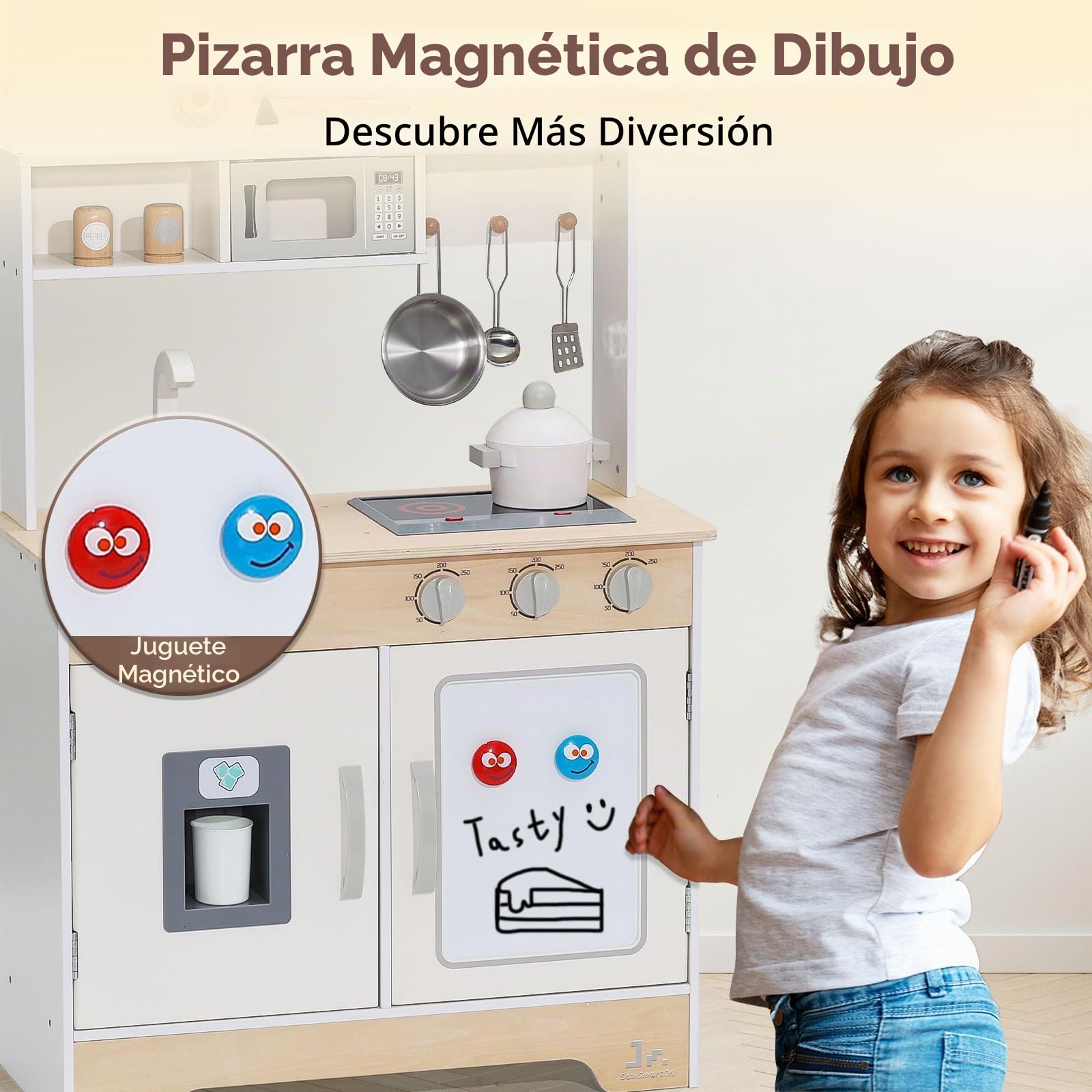 SainSmart Jr. Cocina de juguete de madera para niños – Juego de cocina de alta calidad para niños pequeños – Incluye estufa, nevera y accesorios para niños y niñas, color blanco