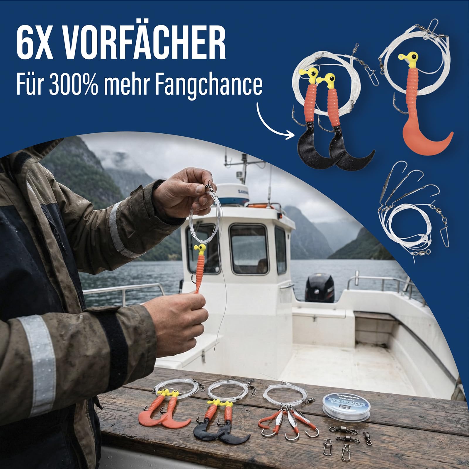 Angelzubehör-Set Norwegen – Komplett-Set für Meeresangeln | wasserdichte Tasche, Filetiermesser, Pilker, u. v. m. | Dorsch & Heilbutt | Angelset
