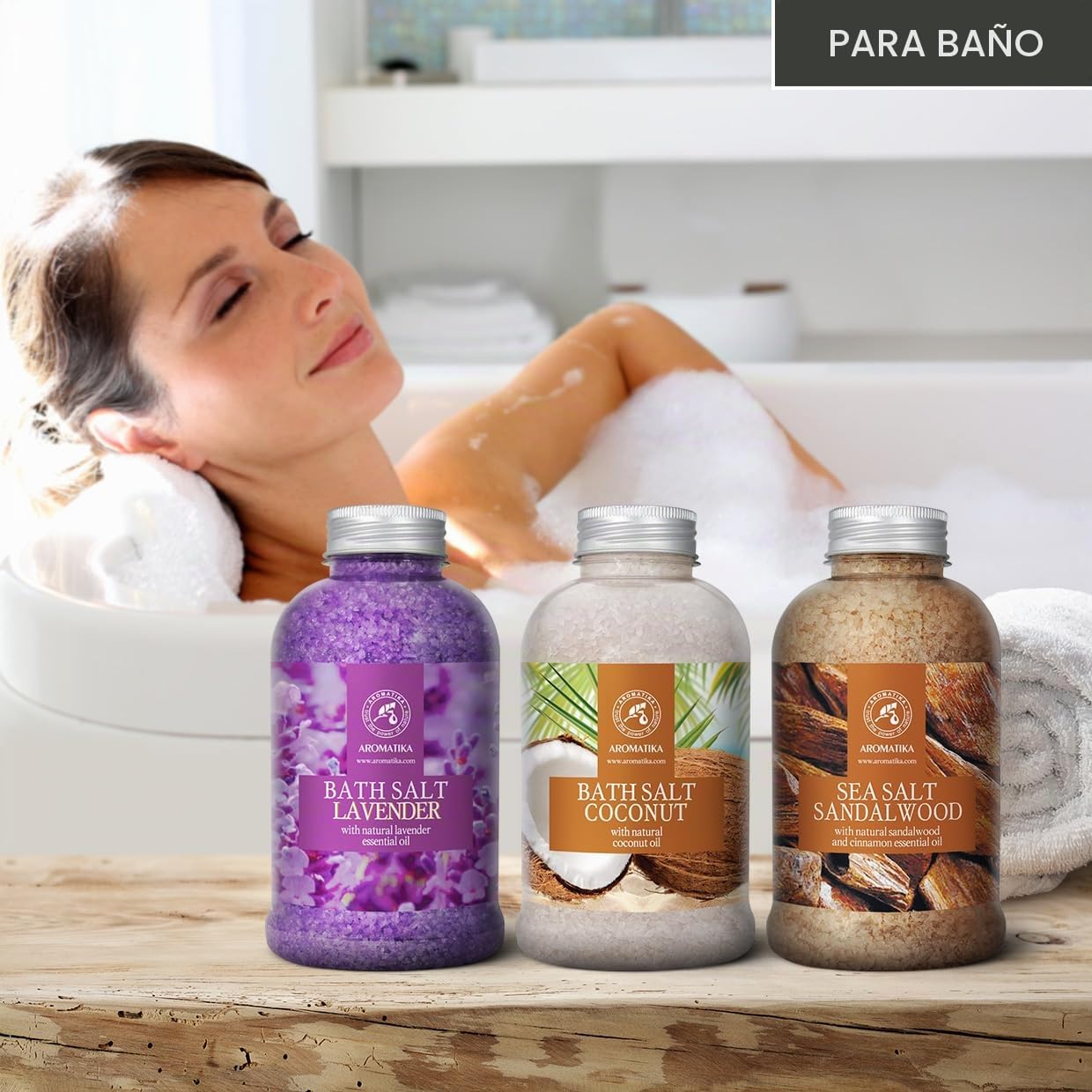 Sales Marinas de Baño Set Lavanda & Coco & Sándalo 3х600g - Sal Marina con Aceite esencial de Lavanda - con Aceite de Coco Natural - Aceite de Sándalo y Canela - Cuidado del Cuerpo - Aromaterapia