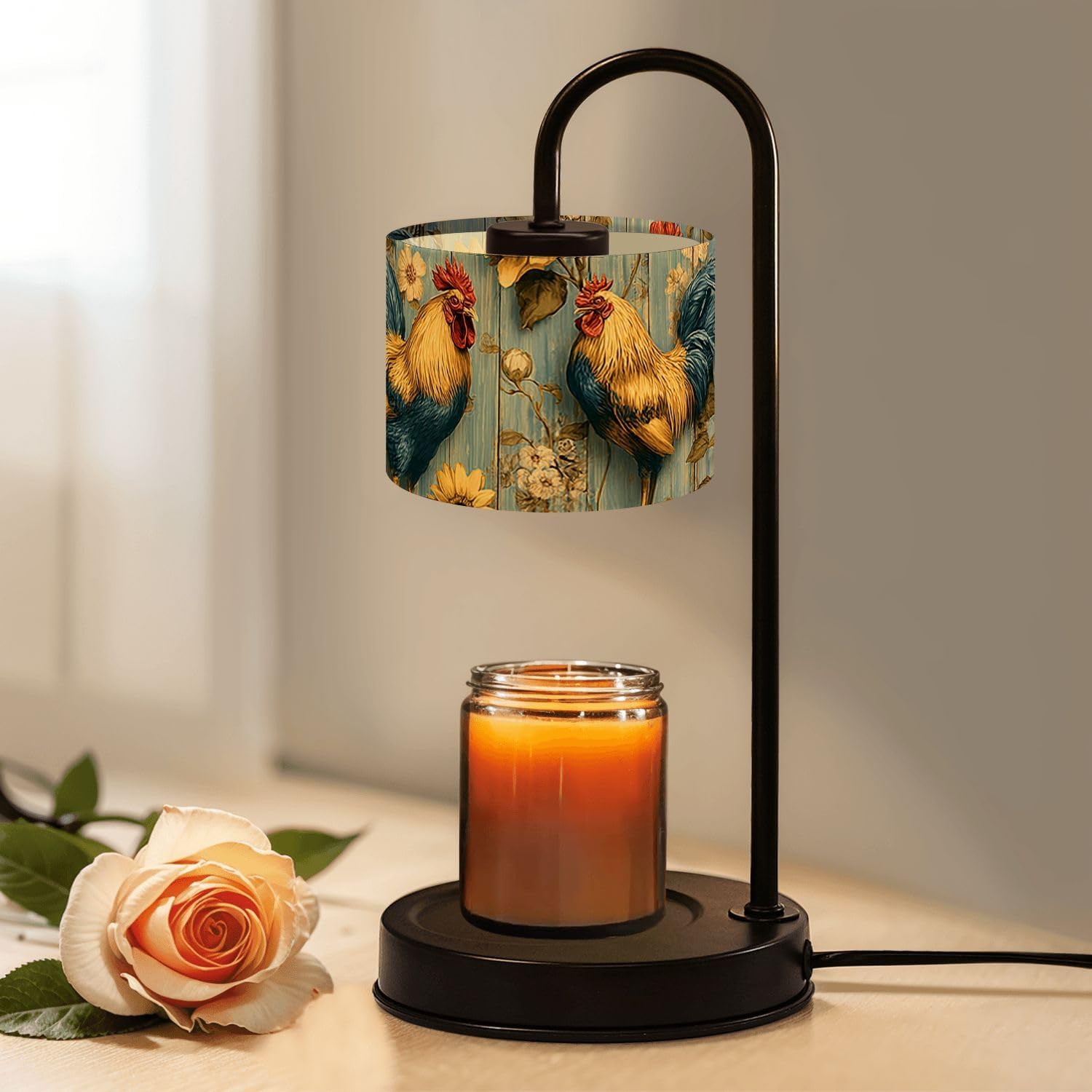 Candle Warmer Lamp with Timer and Dimmer, Vintage Rooster Sunflower Floral Accents Blue Non-Slip Wax Melts Warmer with 4 Bulbs for Home Office Dorm, Birthday Gifts for Women