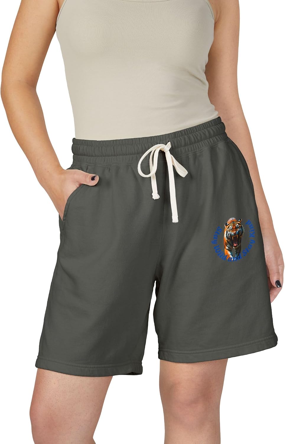 Roaring Tiger Stay Wild and Stay Kind Sweat Shorts | Wildlife Graphic Cotton Fleece Shorts