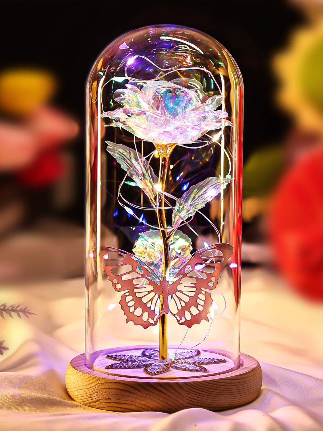 Beferr Christmas Birthday Gifts for Women, Mom Gifts for Christmas Galaxy Glass Rose Forever Preserved Flowers for Delivery Prime Rose in Glass Dome Xmas Gifts for Grandma Wife Sister Her, Rainbow