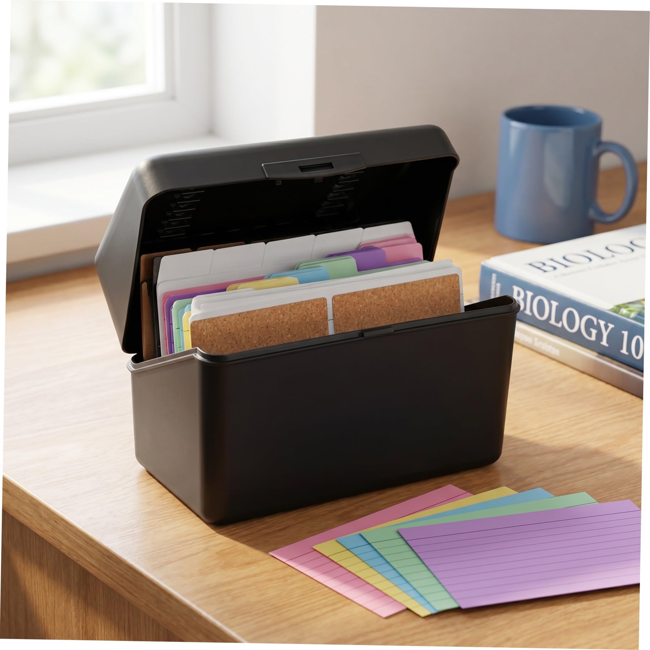 2 Set Organizer per Schede da Scrivania con Divisori Neri Carte Colorate Righe Anelli Metallici e Etichette in Sughero per Scuola Ufficio Studio e Ricette