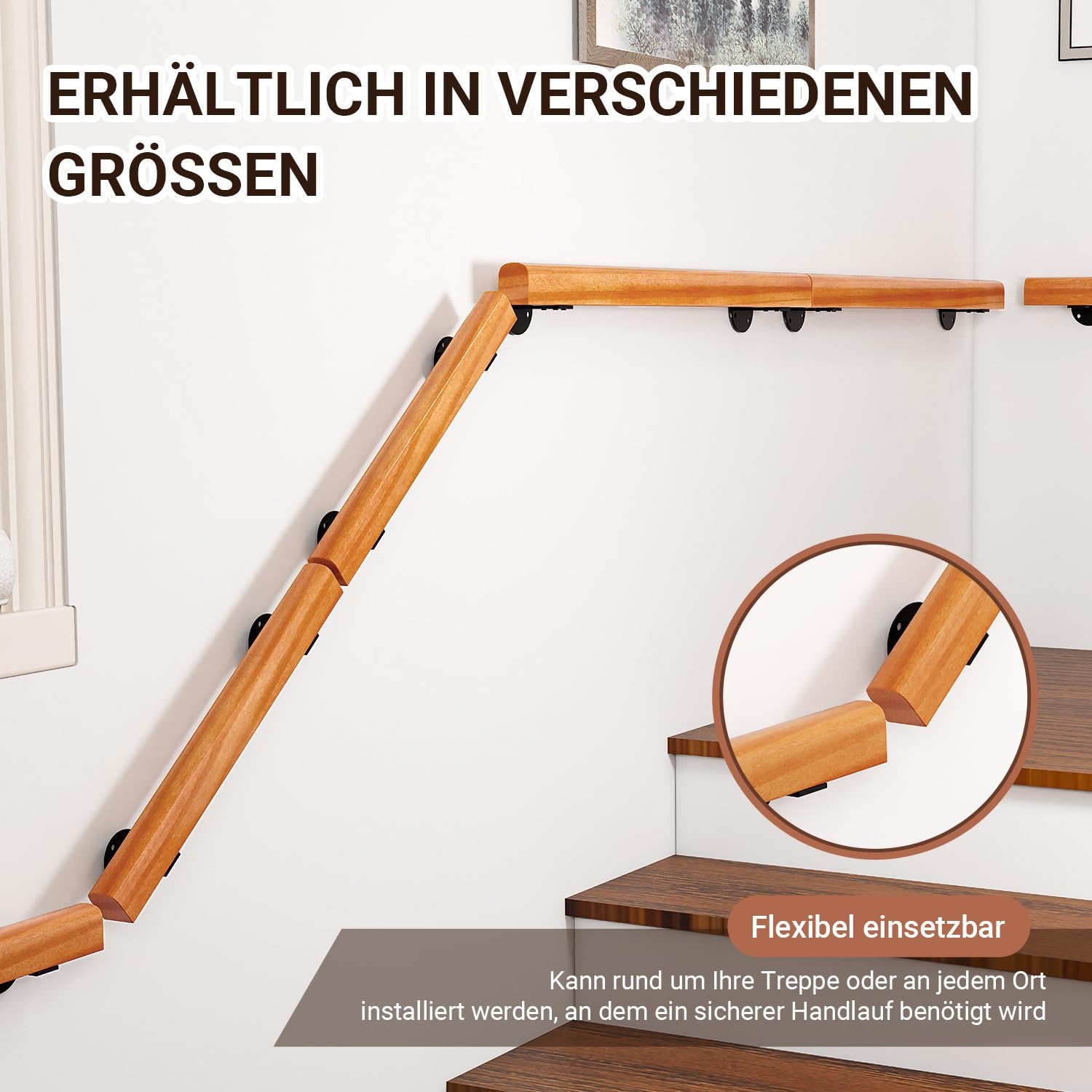 Ikodm Kiefernholz Handlauf Treppengeländer 200cm Geländer für Treppe Treppe Wandhandlauf Wand Treppe seitliche Montage, Inklusive Wandhalterungen, Montagematerial, für Indoor, Halbrunde Wood