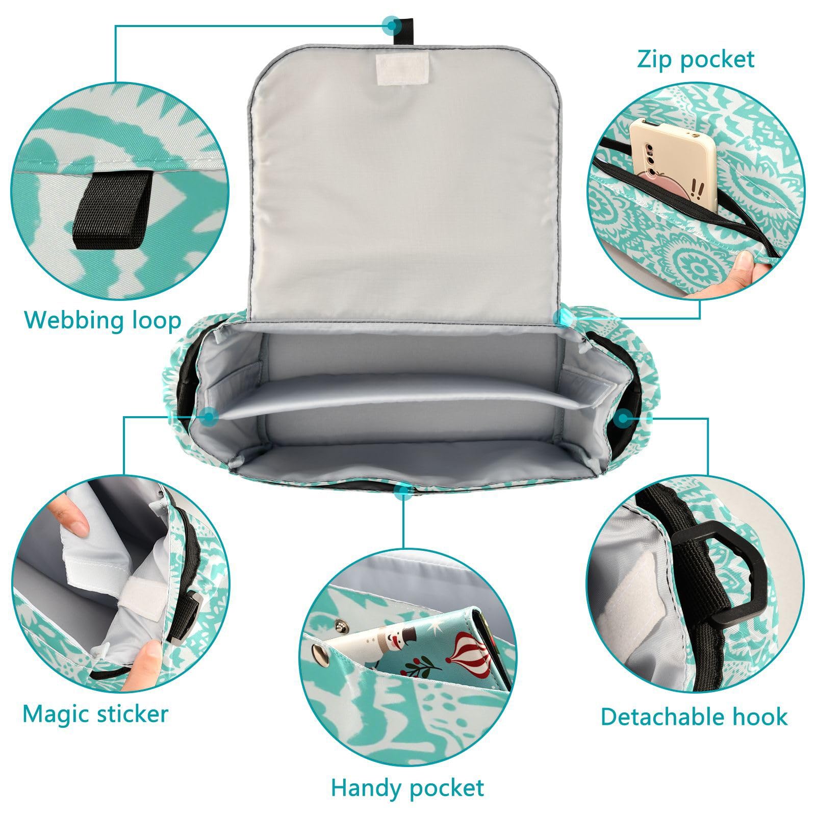 miaozhen Boho Mint Green Vintage Flowers stroller organizer with cup holders stroller caddy attachment accesorios para gancho para carriola