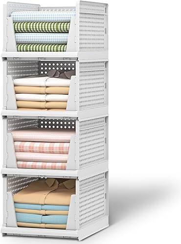 Organizadores y almacenamiento de ropa, 4 paquetes de canastas apilables de plástico para armario, contenedores de almacenamiento de plástico