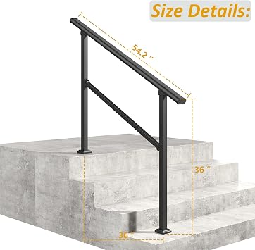 ROOMTEC 2 Pack 4 Step Handrails for Outdoor Steps, Safety Outdoor Hand Rails for Exterior Steps, Black Wrought Iron Stair Railing Kit (3-4 Steps Handrail)