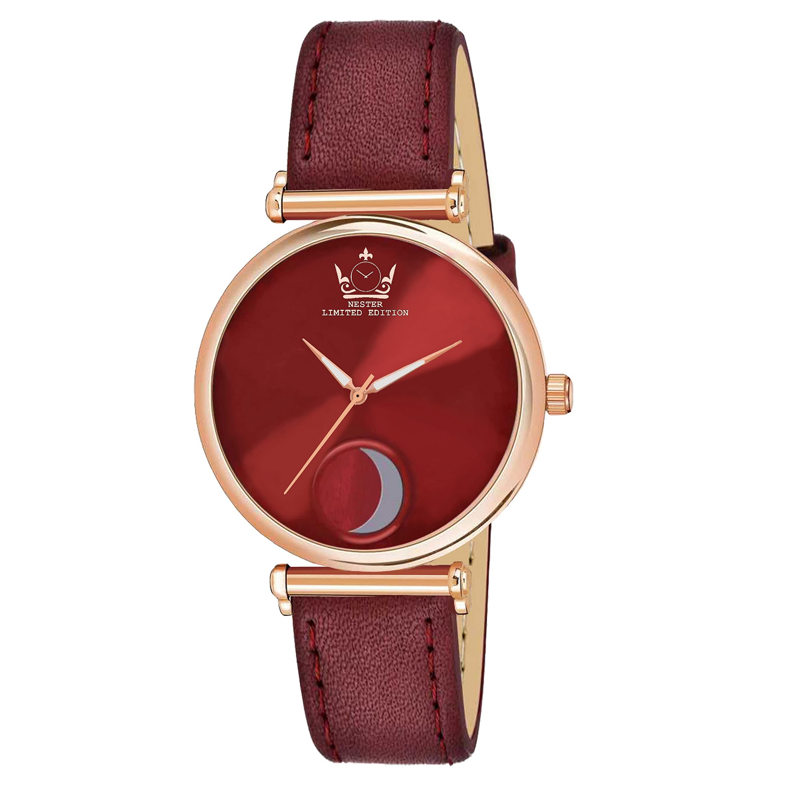 Nester Leather Strap Moon Designed Girls and Women Analog Watch (Maroon)