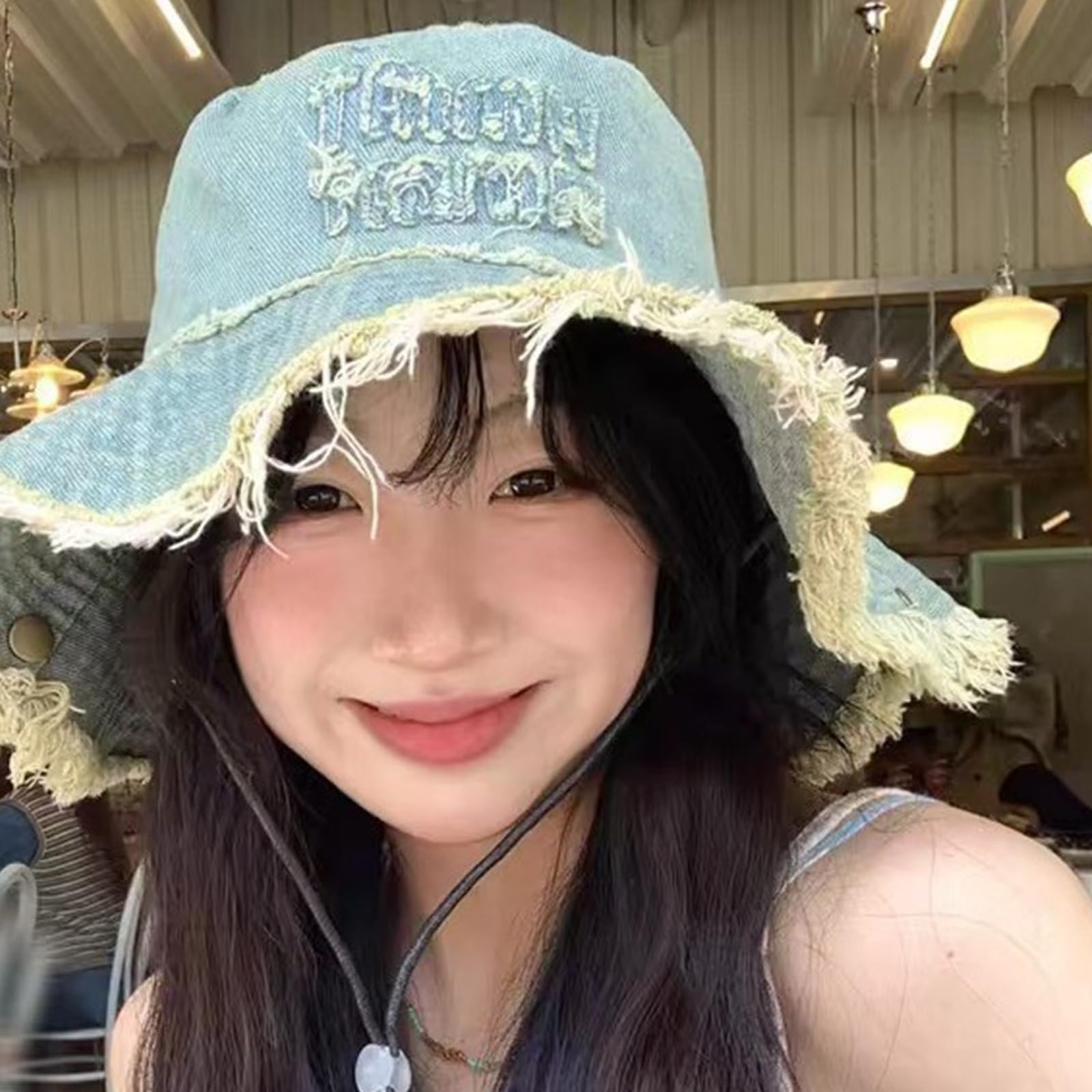 Retros Styles - Sombrero de pescador de mezclilla desgastada con borde ancho con cordón para senderismo, pesca y trajes casuales, accesorios de festival de moda