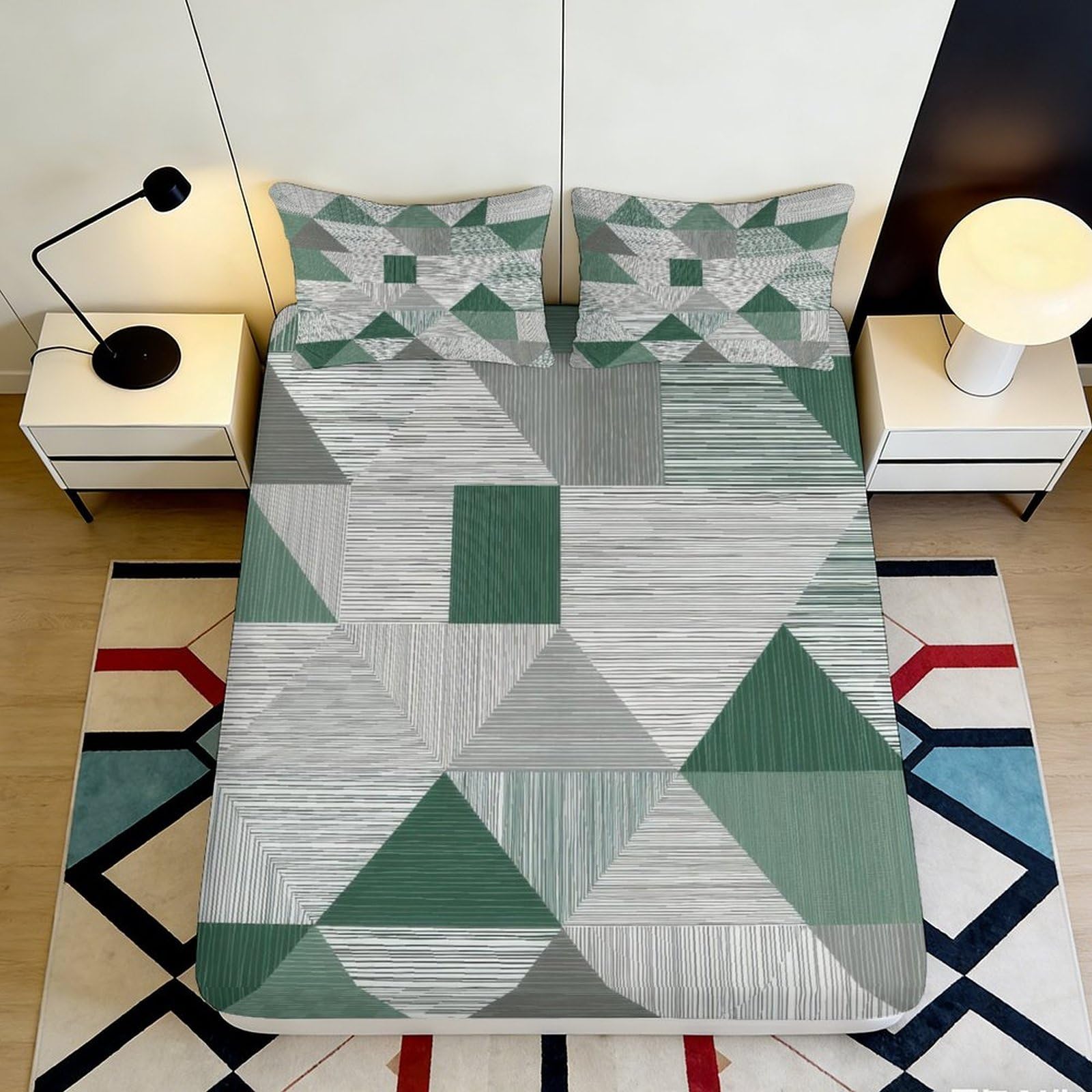 3D Printed Geometric Patchwork Fitted Sheet Microfiber Soft Anti-Slip Abstract Stripes Mattress Cover for Bedroom Guest Room Decor 120x200x25cm