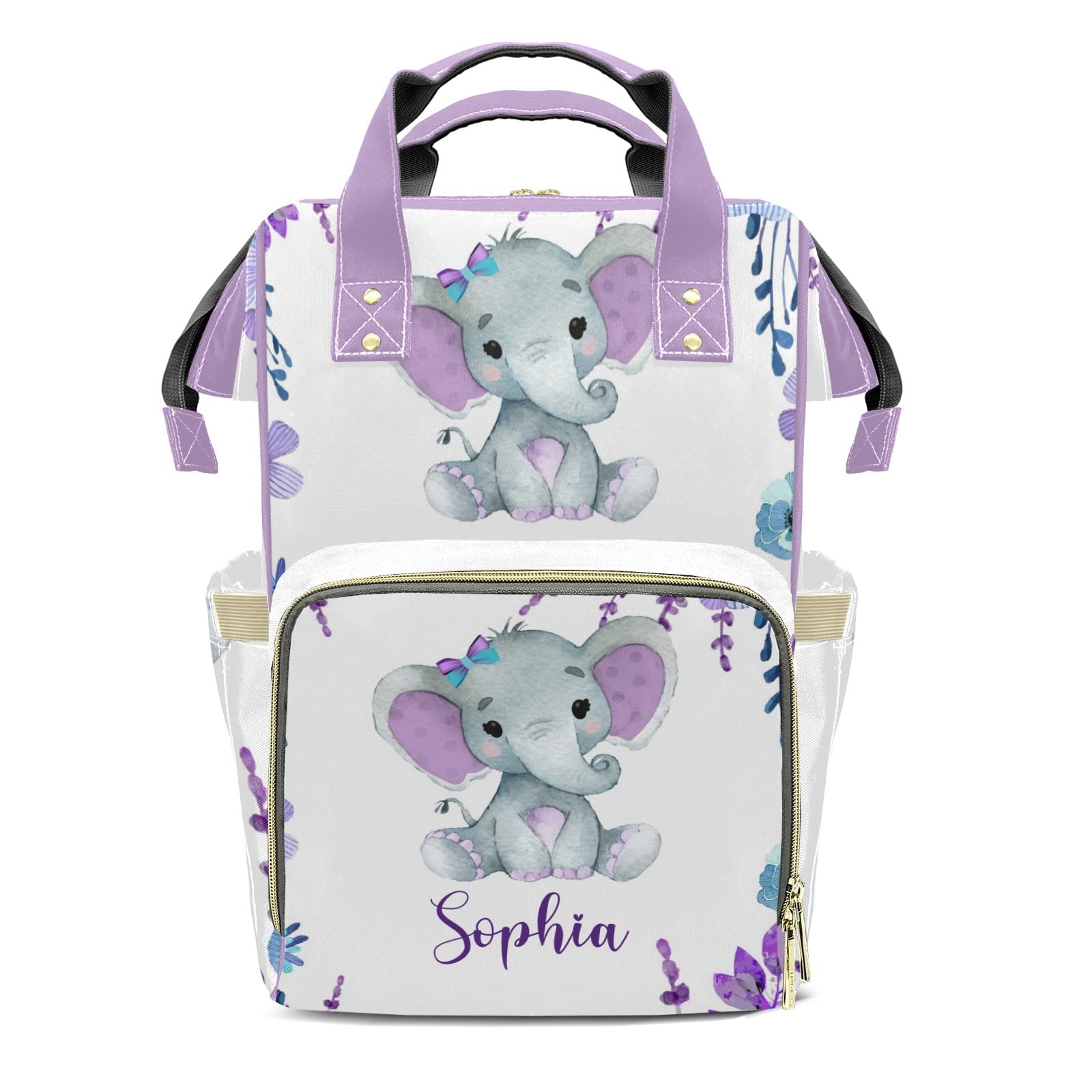 Purple Teal Elephant Diaper Backpack with Name Custom Backpack Mommy Nappy Baby Bag Waterproof Casual Travel Daypack Tote Bag for Mom Dad
