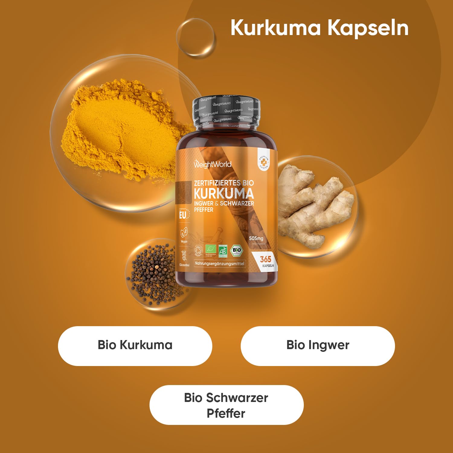 Bio Kurkuma Kapseln - 365 Turmeric Capsules - 1 Jahr Vorrat - Curcuma Pulver mit Ingwer & Schwarzer Pfeffer - Vegan - Bio Zertifiziert - Alternative zu Curcuma Extraxt - Laktosefrei - WeightWorld