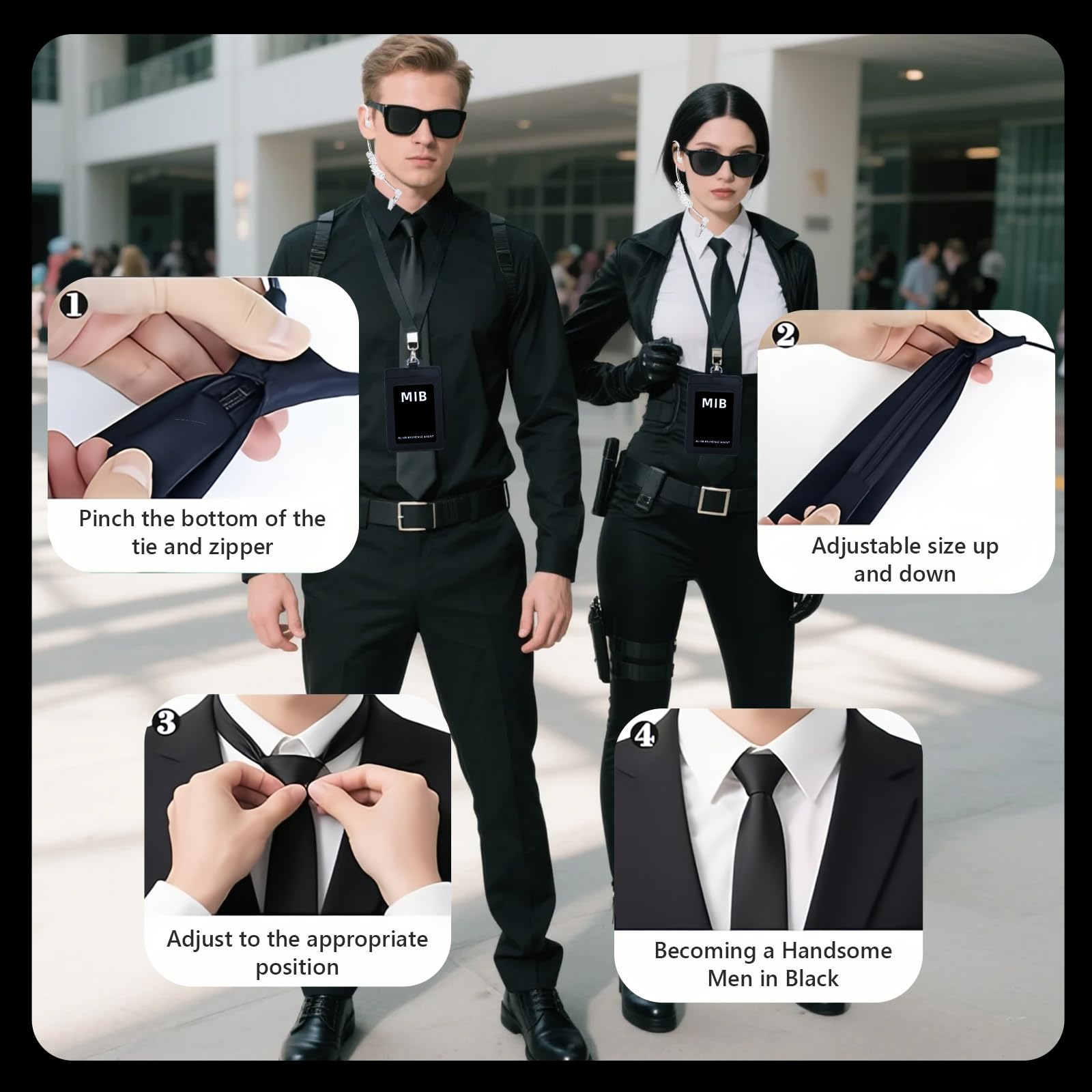SNBUHA 6 Pcs Agent Costume Accessories Set, Secret Security Guard Outfit Kit with Glasses Necktie Earpiece ID Badge - Image 4