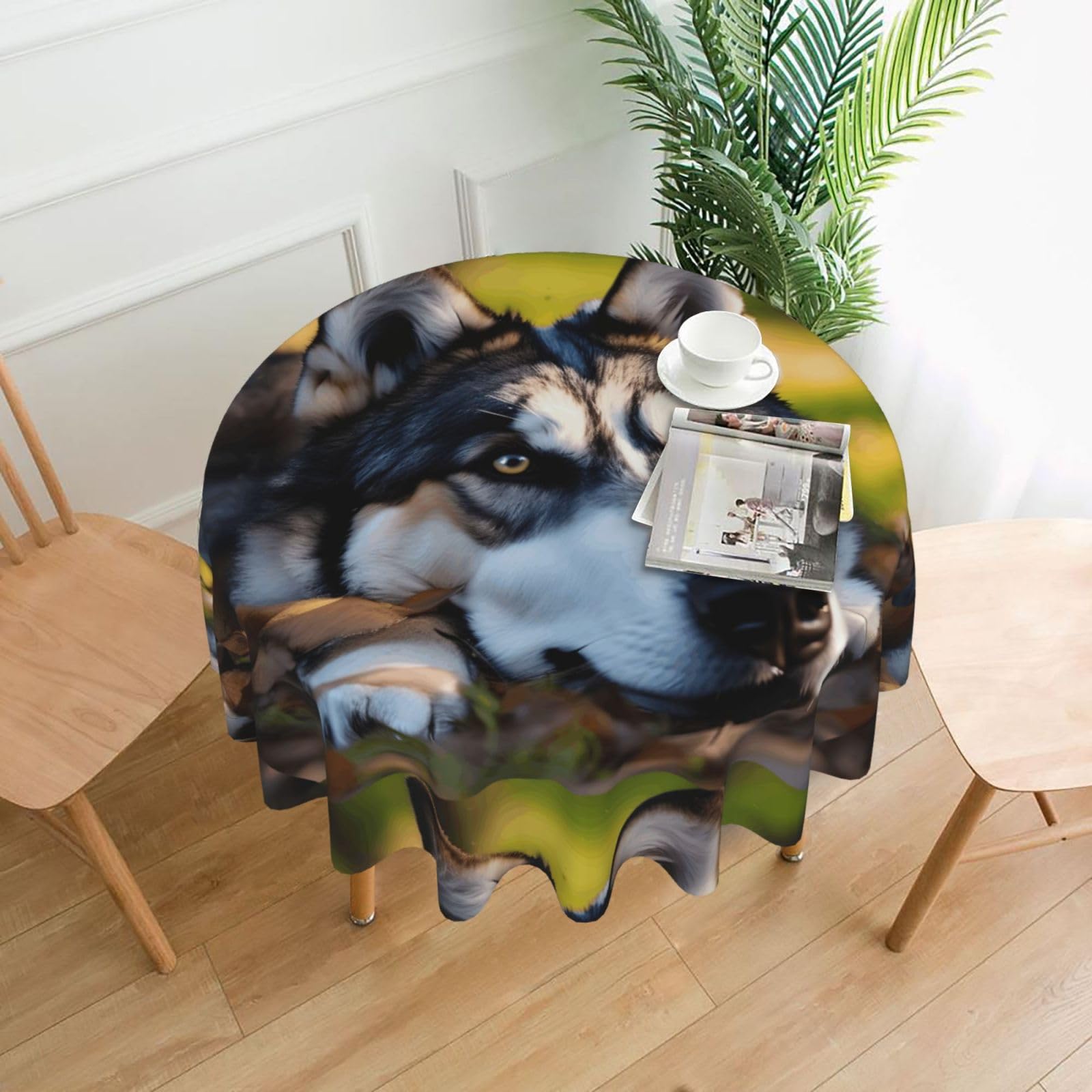 Nbtghga Husky Dog Pattern Print Tablecloth Round Border Table Cloth Cover Decorative For Party Holiday Dinning Tabletop Home