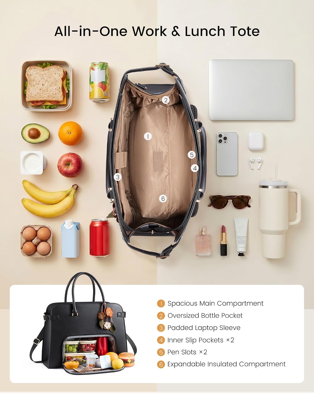 LOVEVOOK Lunch Tote Bag for Women, Insulated Lunch Bag with 15.6 Inch Laptop Compartment, Expandable Leather Work Tote with 40oz Tumbler Pocket, Office Bag for Teacher Nurse Travel image 4