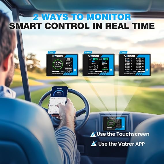 38.4V 105Ah LiFePO4 Golf Cart Battery, Built-in Smart 200A BMS, with Touch Monitor & Mobile APP, 4000+ Cycles Lithium Battery with 2C Discharge, Max 7.68kW Power Output, for Golf Carts