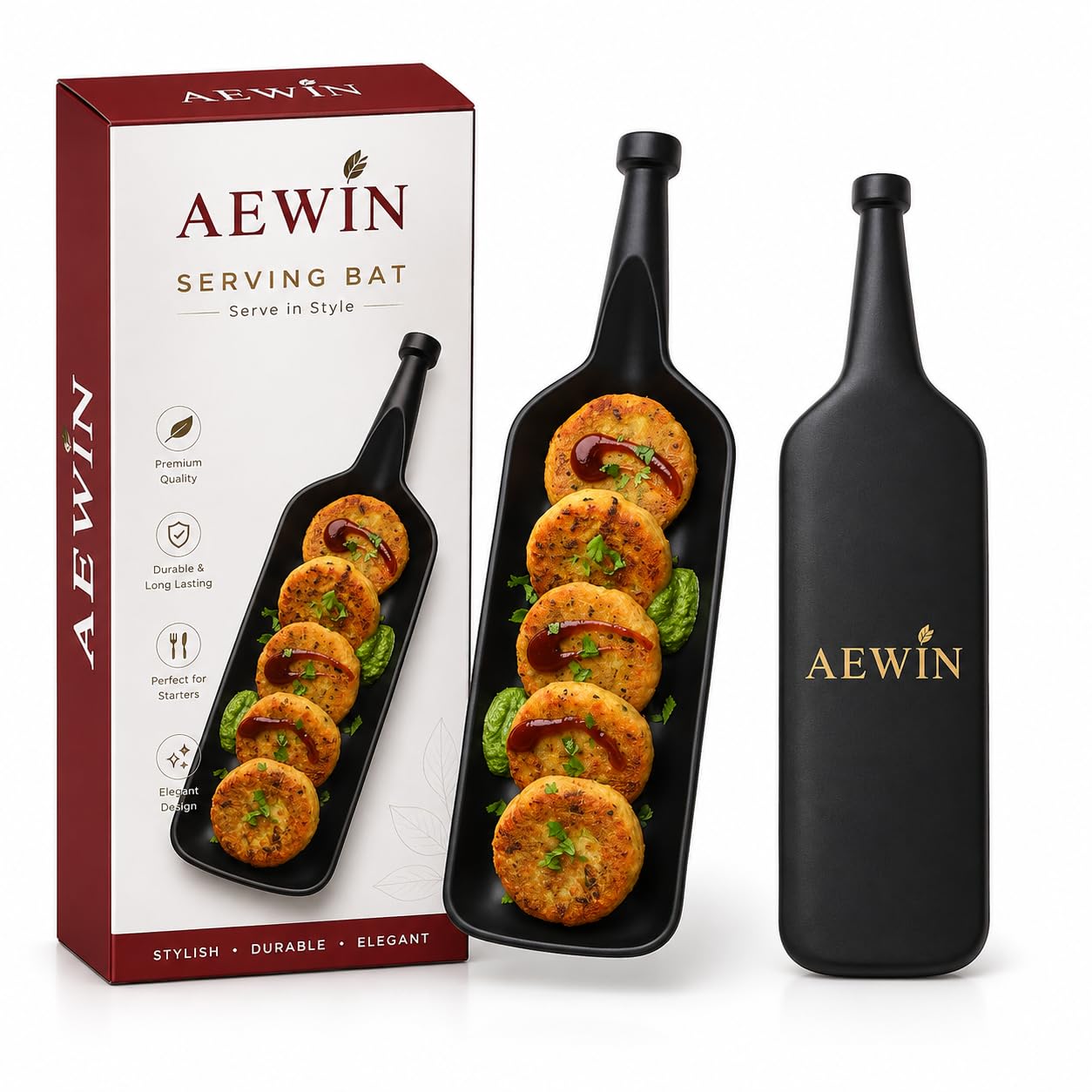 AEWIN Serving Bat Platter for Snacks & Starters | Premium Black Serving Tray with Handle | Stylish Serving Plate for Appetizers, Finger Foods, Desserts & Party Serving | Restaurant & Home Use Black-image-32