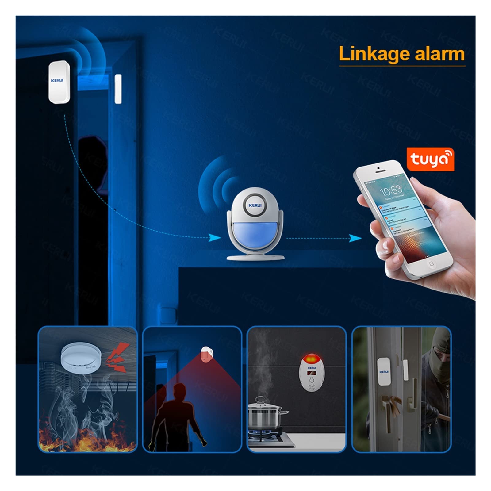 Kit Alarma Casa, Tuya Smart Home Security WIFI Sistema de alarma funciona con Alexa 120 db pir Detector Puerta/Sensor de ventana Aplicación inalámbrica ladrón(KIT 8)