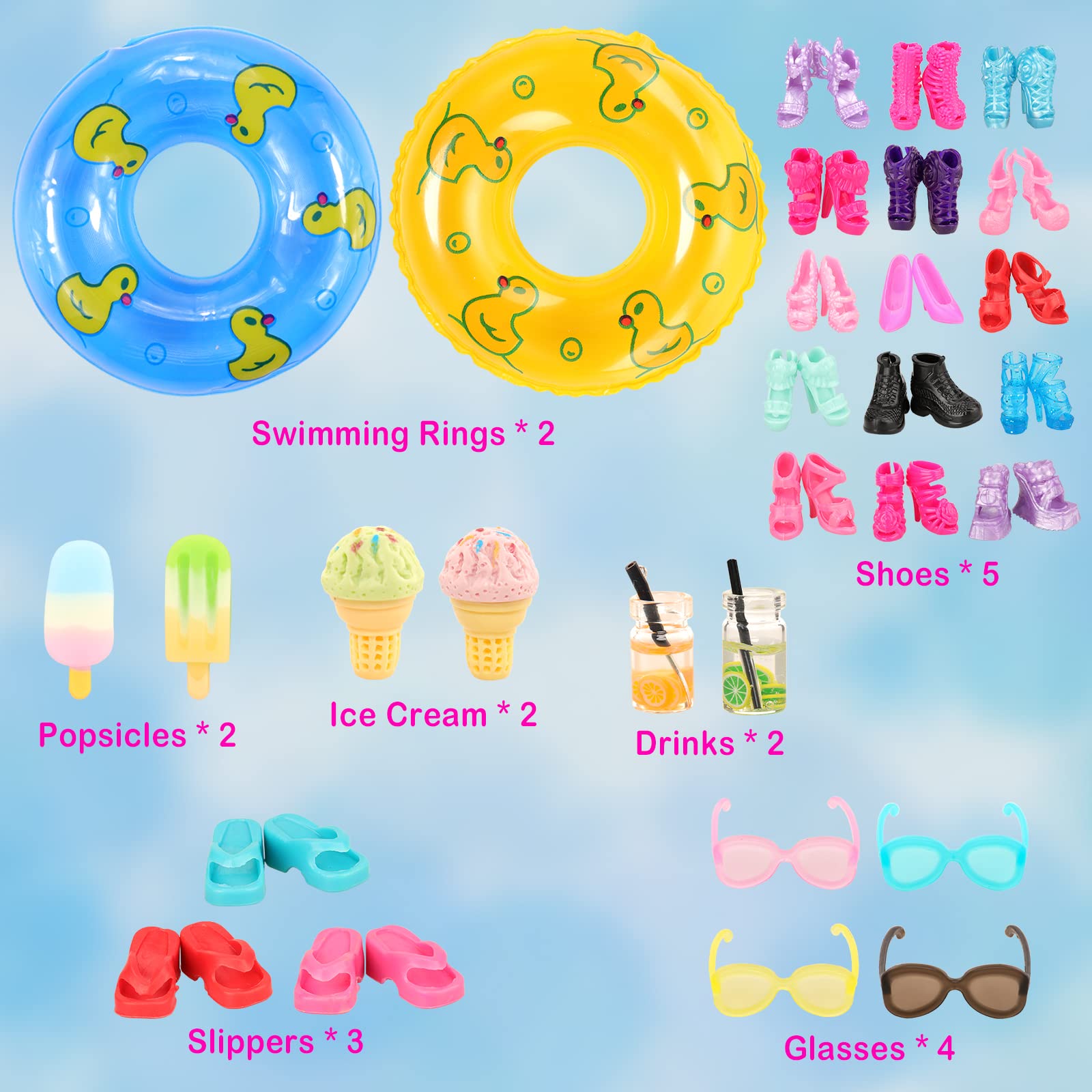 Miunana 26 Pezzi Per 11.5 Pollici 30 CM Bambola: 5 Costumi Da Bagno + Pijama + 8 PCS Scarpe + 4 PCS Occhiali Da Sole + Circolo Di Nuoto + 6 Accessori (NON INCLUDE BAMBOLA)