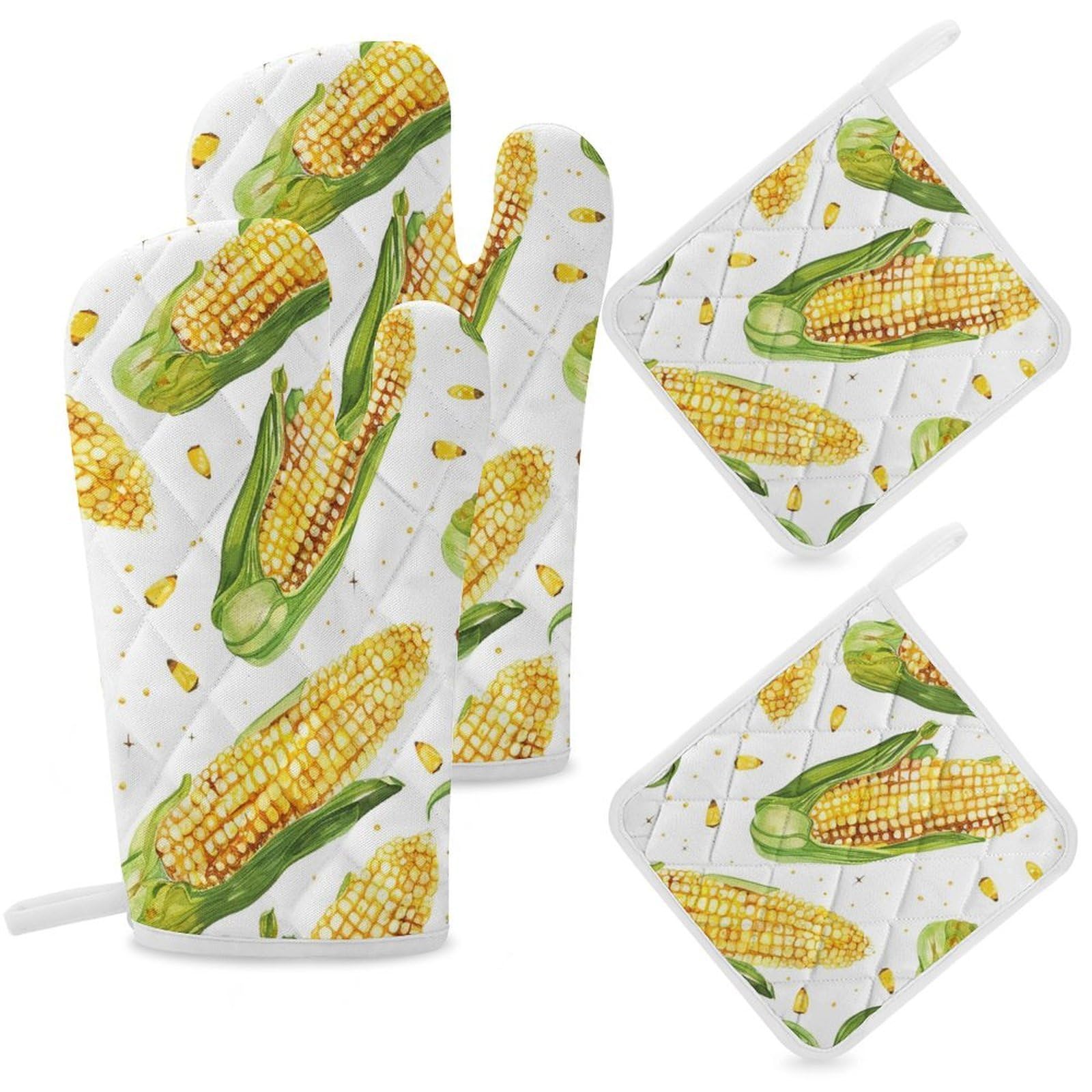 Oven Mitts And Pot Holders Sets of 4 Heat Heat Resistant Oven Gloves Non-Slip Kitchen Mittens Cartoon Corn on The Cob Oven Mitts Hot Pads BBQ Gloves Potholders for Cooking Baking Grilling