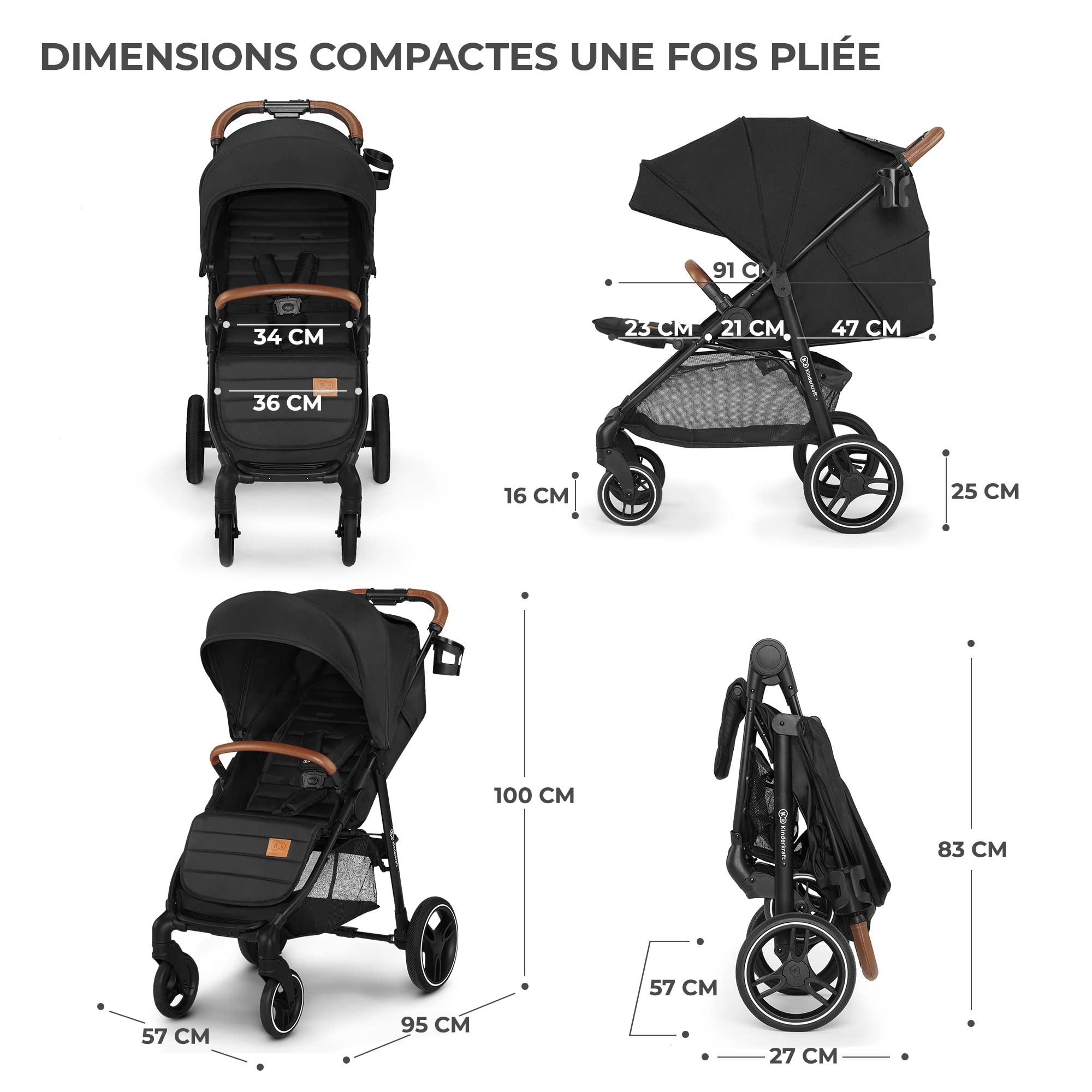 Kinderkraft GRANDE PLUS Poussette Canne dès la Naissance jusqu’à 22 kg, Pliage d'une seule main, Position allongée, Capote extensible, 4 Roues amorties, Noir