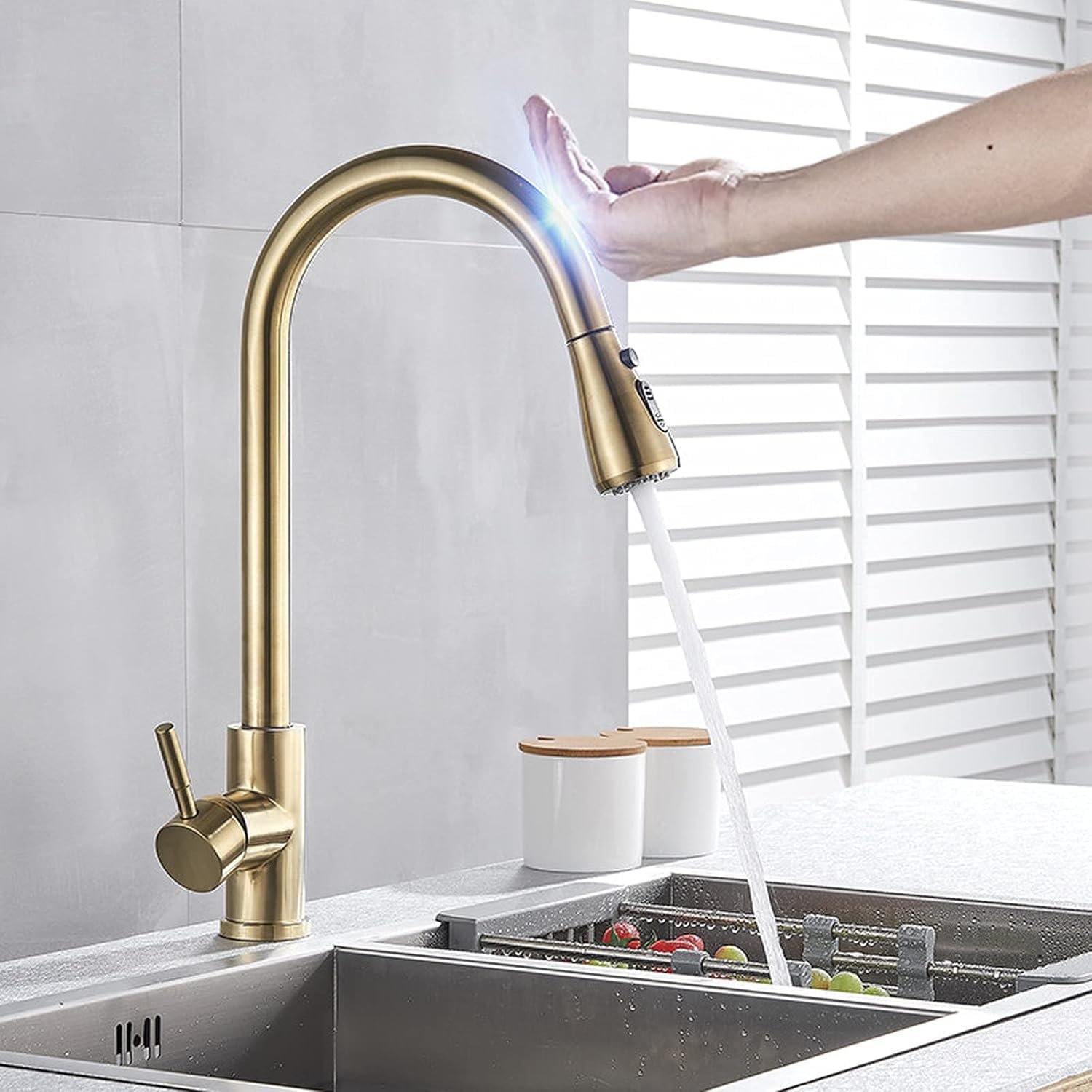 Xazlbiw A Black Smart Touch On Kitchen Faucet Sensor 360 Rotation Pull Out Single Handle Mixer Tap Two Water Modes Sink Crane Hot Cold