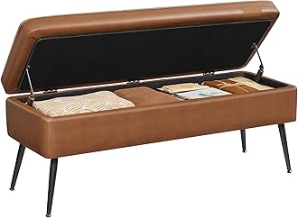 EKHO Collection - Storage Ottoman Bench, Entryway Bedroom Bench, 15 Gallons, Synthetic Leather with Stitching, Mid-Century Modern, Safety Hinges, Loads 660 lb, Caramel Brown ULOM074K01