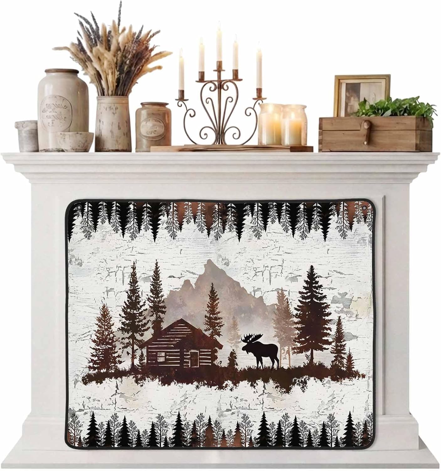 Magnetic Fireplace Cover Forest Moose Fireplace Screen Decorative Log Cabin Animal Pine Tree Woodland Insulation Fireplace Blocker Save Energy Fireplace Draft Stopper Covers for Living Room 36x30 Inch