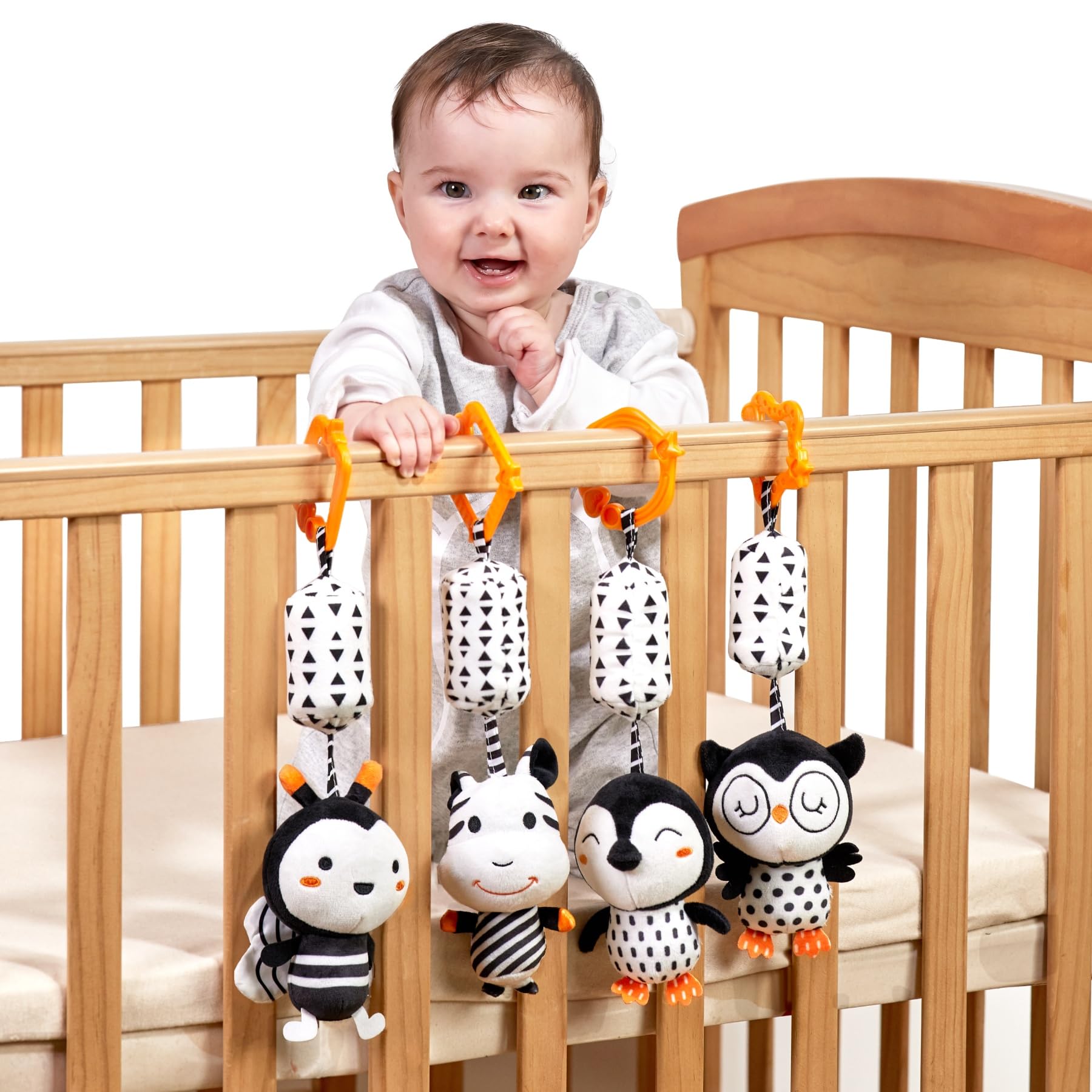 TUMAMA Jouet Poussette Bébé 0 3 6 9 12 Mois, Jouet Hochet À Suspendre pour Berceau Siège Auto - 4 Pièces Animaux Noir Blanc Hochet Cadeau Nouveau-Né Bambin