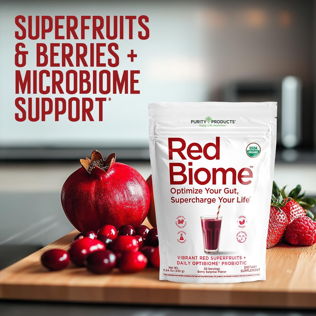 Red Biome – Gut Biome & Digestive Health Support with OPTIBIOME® Probiotic – Reduces Minor Bloating, Burping & Gas – With 4g Organic Fiber, Super Berries, Superfoods & Antioxidants – 30 Servings