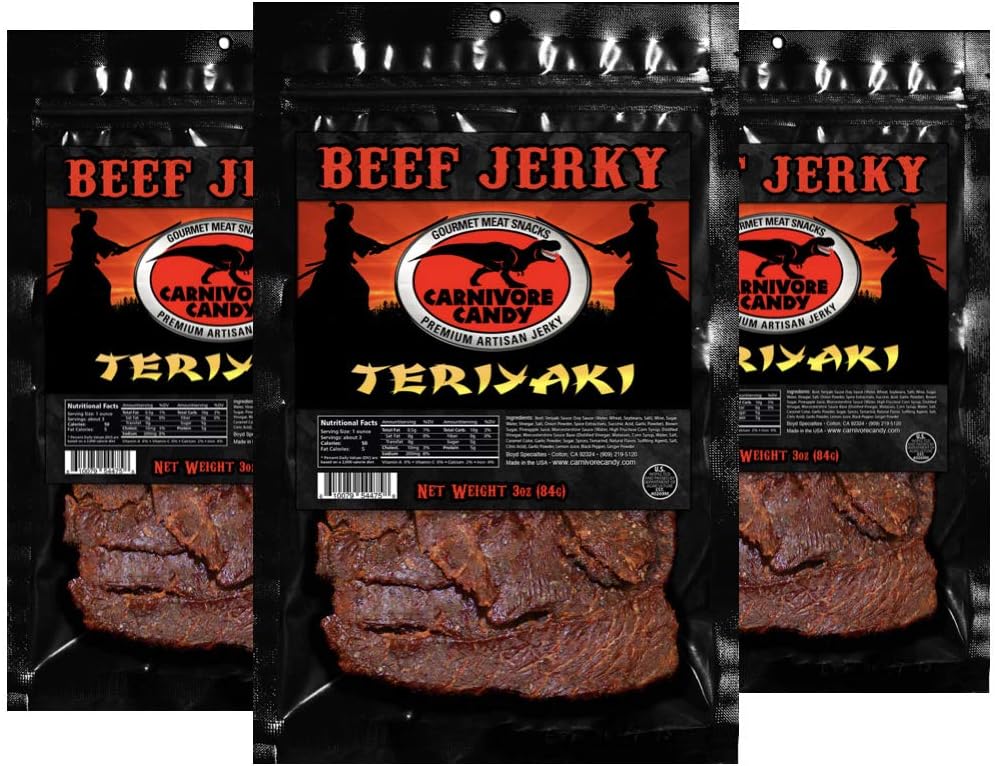 Carnivore Candy Teriyaki Beef Jerky - Beef Jerky with amazing taste, no preservatives, MSG-free, low sodium meat snack. Great protein boost for the gym, office or on the go! - (3) 3 oz bags ((3) 3 oz bags, Teriyaki)
