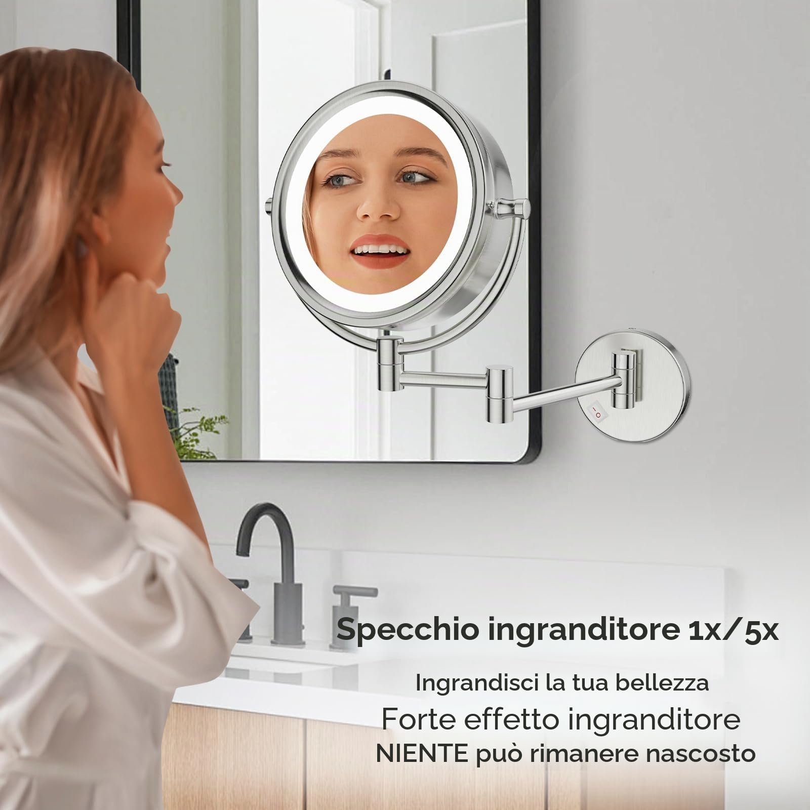 Nicesail Specchio Trucco con Luci da Parete - Specchio Ingranditore 5x - Luce a 3 Colori - con Braccio Estensibile - Telaio Spesso - con Spina - Nichel Spazzolato,Diametro 20 cm